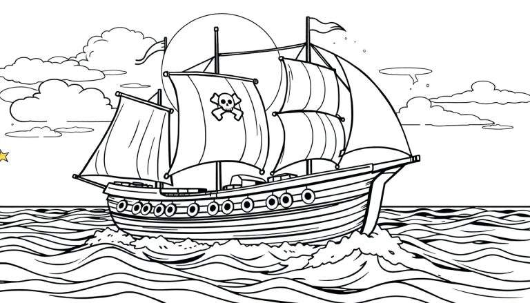 Navio pirata com bandeira de caveira e ossos cruzados em um mar agitado sob um céu nublado, com uma estrela no canto inferior esquerdo e um círculo celeste no alto.