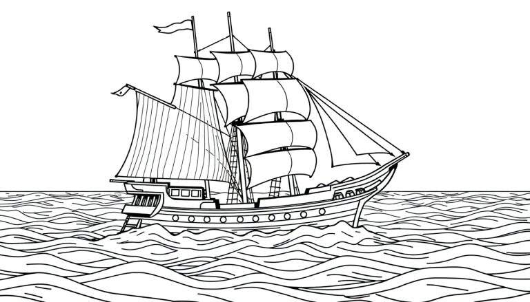 Um navio pirata em preto e branco com velas enfunadas navegando em um mar agitado.
