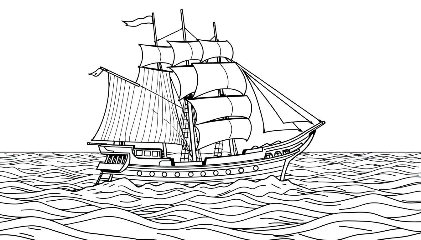 Um navio pirata em preto e branco com velas enfunadas navegando em um mar agitado.
