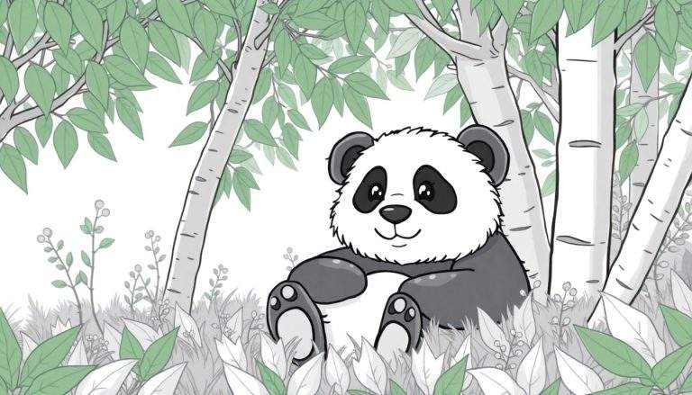 Um panda adorável sentado calmamente numa floresta de bétulas, com folhas verdes à volta. O panda tem um sorriso gentil.