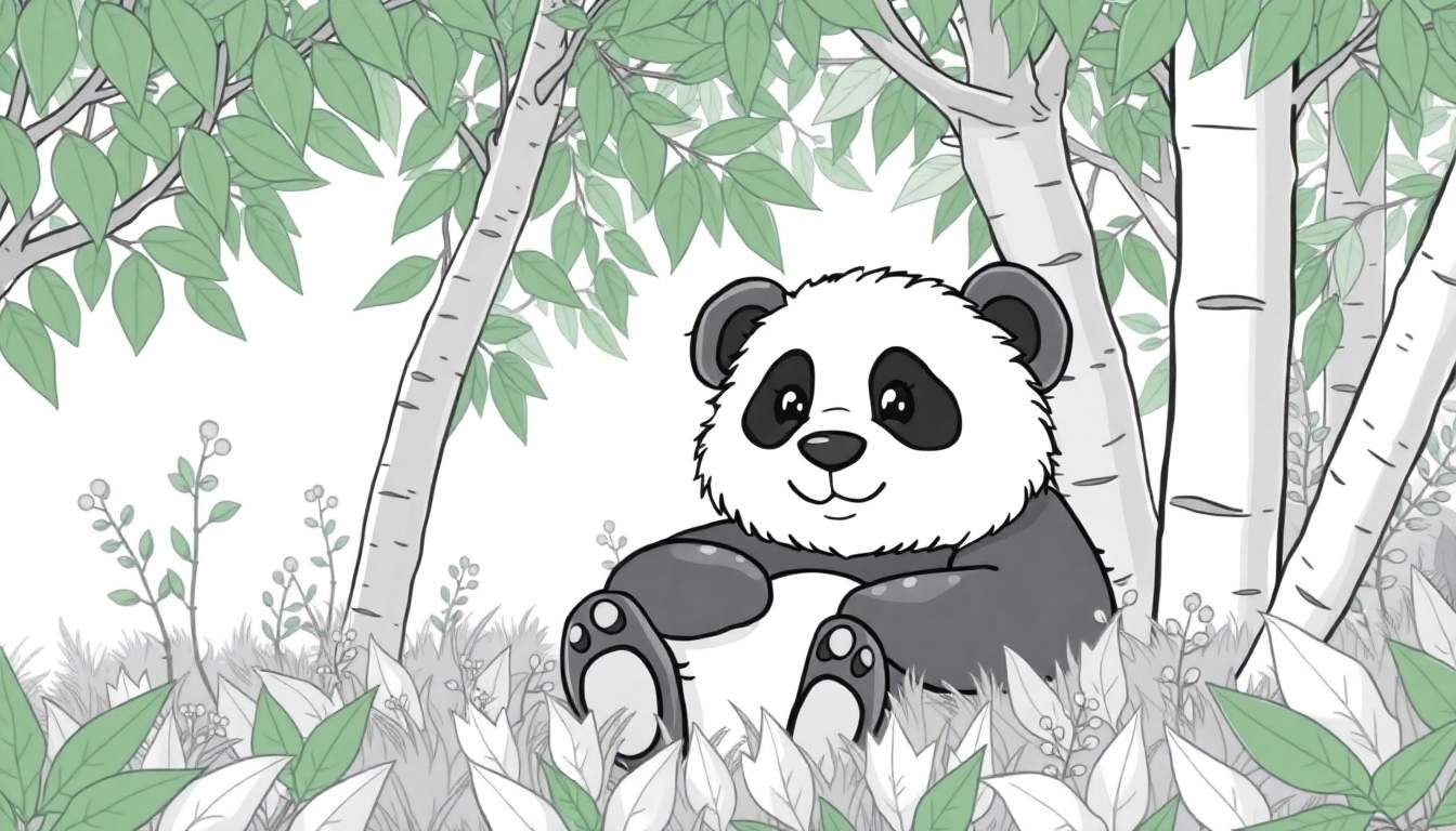 Um panda adorável sentado calmamente numa floresta de bétulas, com folhas verdes à volta. O panda tem um sorriso gentil.
