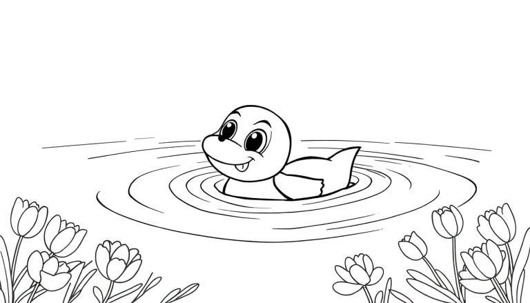 Um pato sorridente com a língua de fora nadando em um lago, cercado por flores e ondulações na água. Estilo de desenho linear.