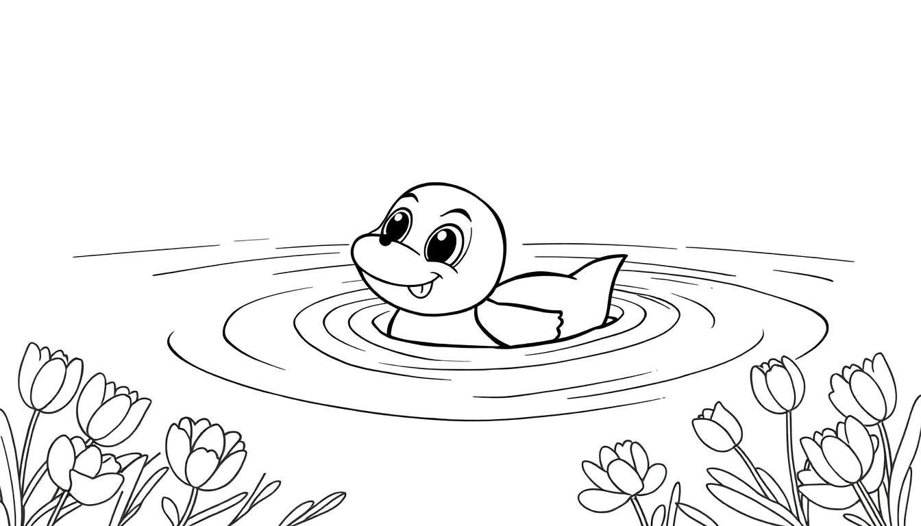 Um pato sorridente com a língua de fora nadando em um lago, cercado por flores e ondulações na água. Estilo de desenho linear.