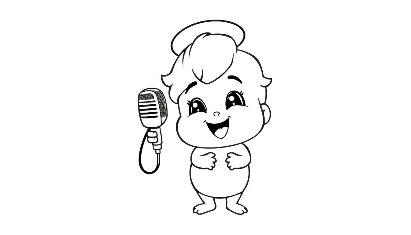Um bebê adorável com um topete e um halo, sorrindo e segurando um microfone vintage, pronto para cantar.