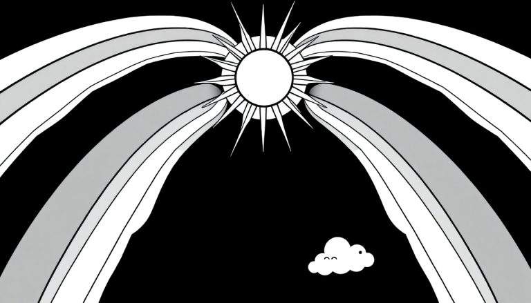Um sol estilizado com raios e um portal de arco-íris de cor panel, com uma nuvem sorridente em baixo.