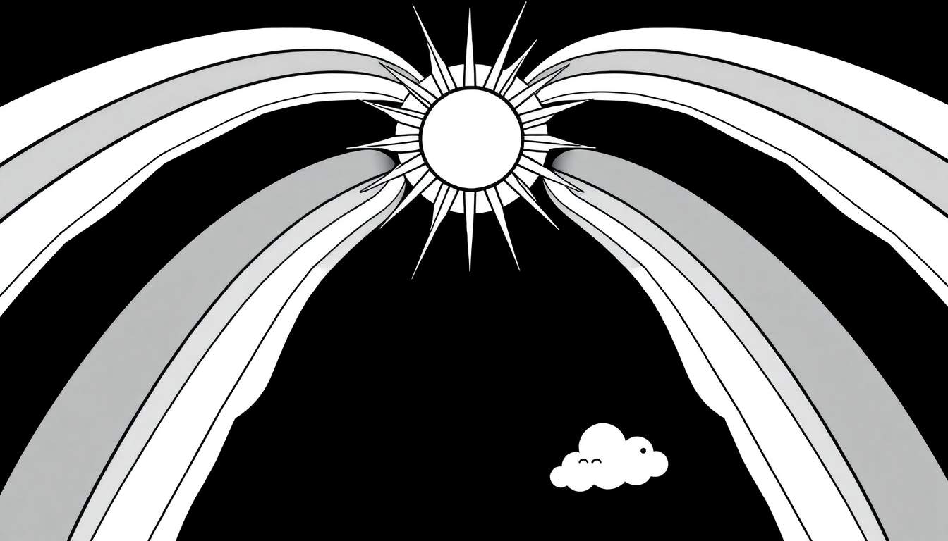 Um sol estilizado com raios e um portal de arco-íris de cor panel, com uma nuvem sorridente em baixo.