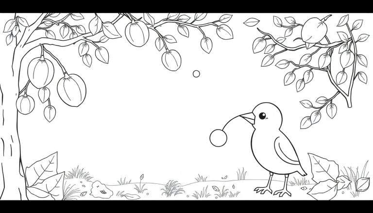 Um desenho preto e branco de um pássaro pegando uma fruta no chão, com uma árvore ao fundo.