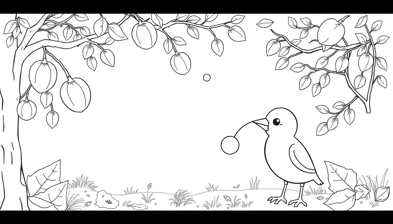 Um desenho preto e branco de um pássaro pegando uma fruta no chão, com uma árvore ao fundo.