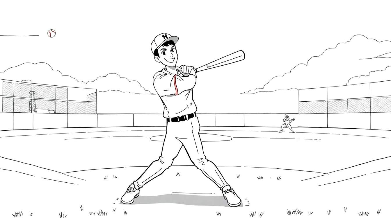 Um jogador de beisebol em ação num campo de beisebol, visto num painel de cores.