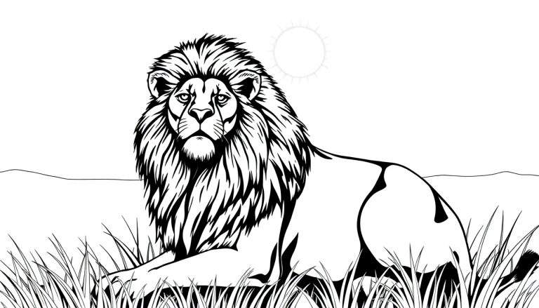 Um leão de juba espessa deitado na grama sob o sol na savana. Um color panel para um desenho.