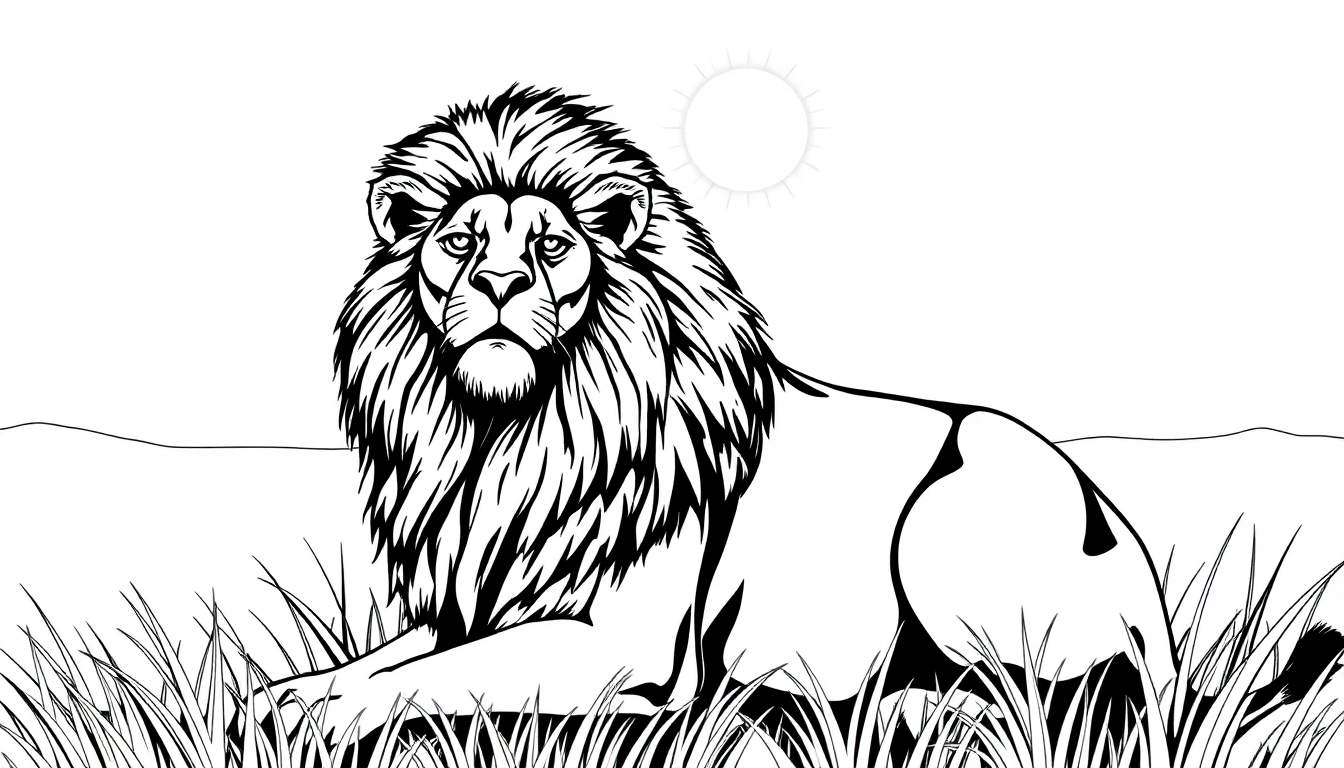 Um leão de juba espessa deitado na grama sob o sol na savana. Um color panel para um desenho.