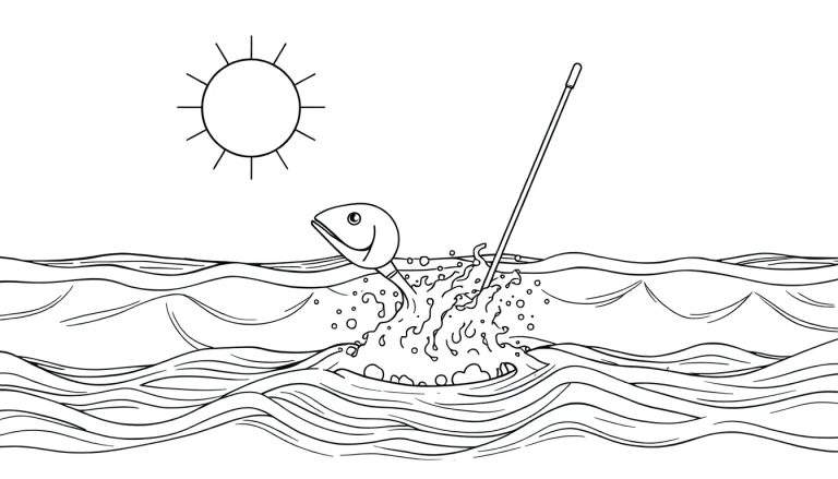 Um peixe redondo com um olho grande salta para fora da água, com uma vara de pesca e um sol ao fundo.