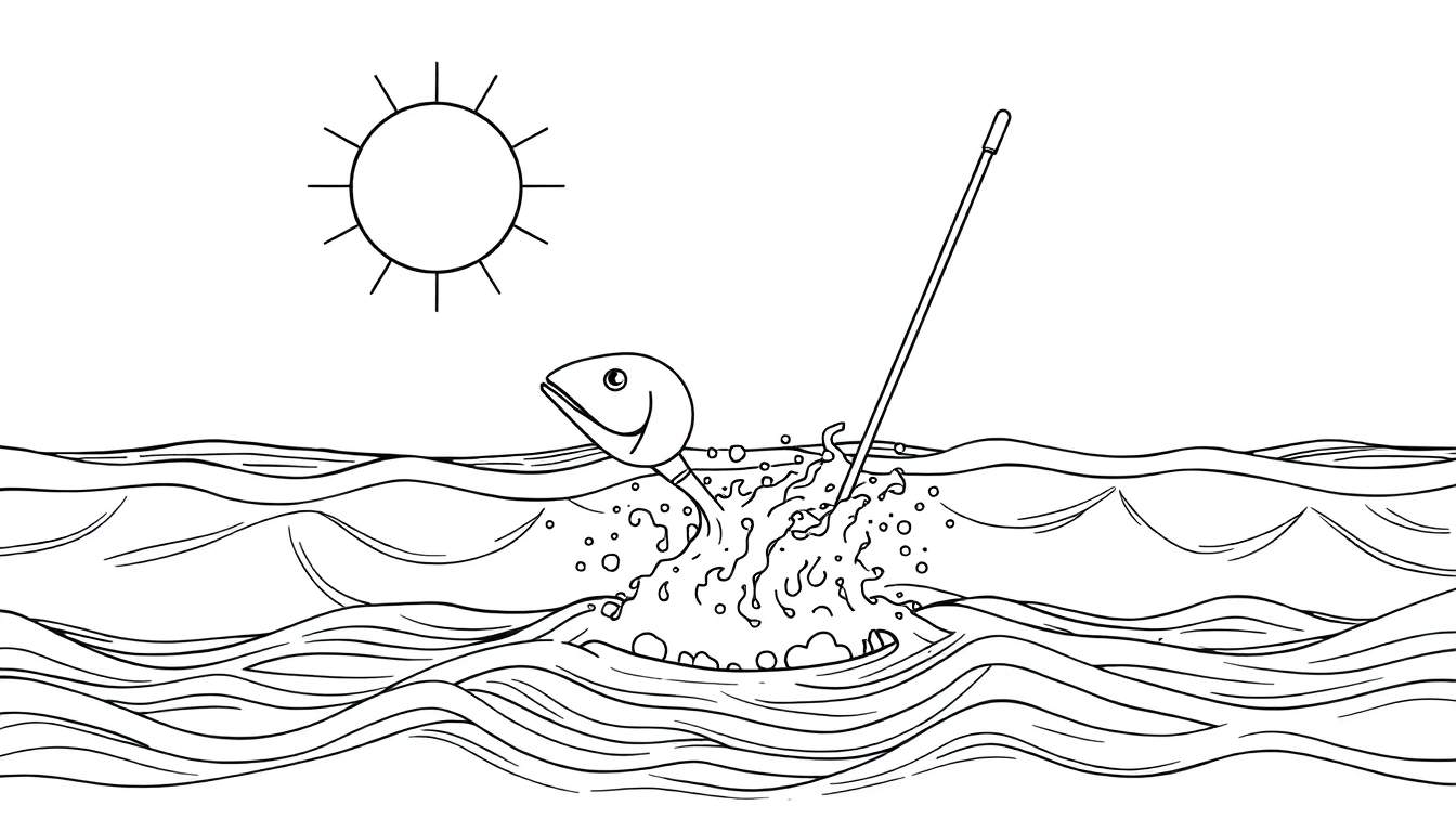 Um peixe redondo com um olho grande salta para fora da água, com uma vara de pesca e um sol ao fundo.