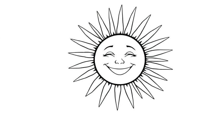 Um sol sorridente em preto e branco, pronto para ser colorido.