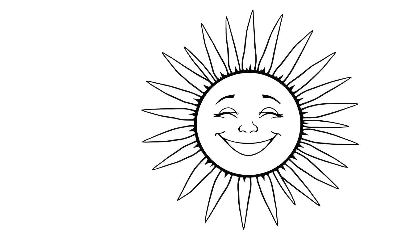 Um sol sorridente em preto e branco, pronto para ser colorido.