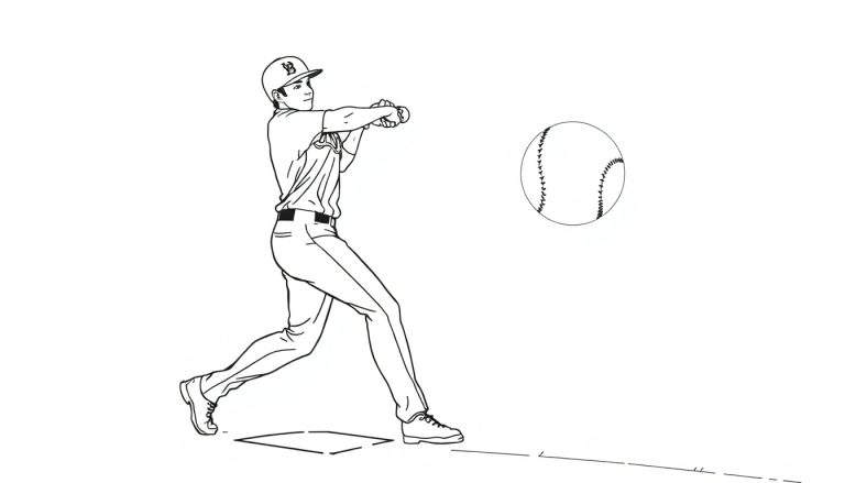 Desenho a preto e branco de um jogador de beisebol a dar um swing, com a bola perto do taco.