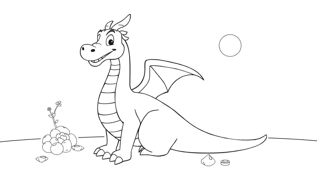 Um dragão simpático em preto e branco com um sorriso, sentado num campo com pedras e uma flor, à frente de um sol no horizonte.