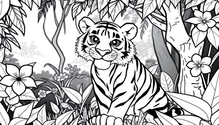 Um desenho em preto e branco de um tigre com listras proeminentes, rodeado por folhagem densa e flores em um ambiente de selva. Um color panel visualmente estimulante.
