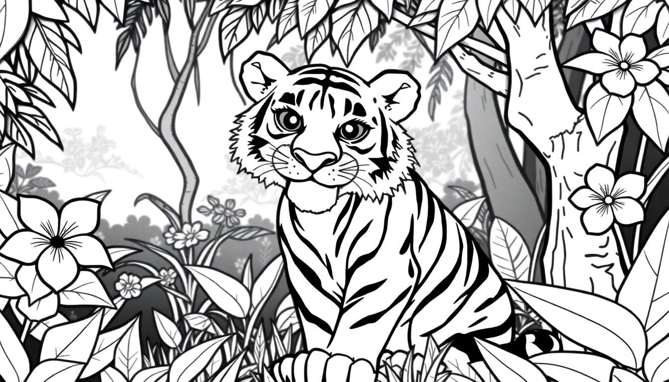 Um desenho em preto e branco de um tigre com listras proeminentes, rodeado por folhagem densa e flores em um ambiente de selva. Um color panel visualmente estimulante.