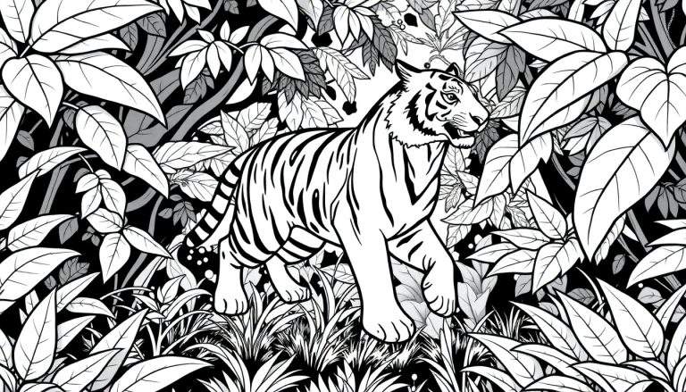 Um tigre em preto e branco em uma floresta densa com detalhes em color panel.
