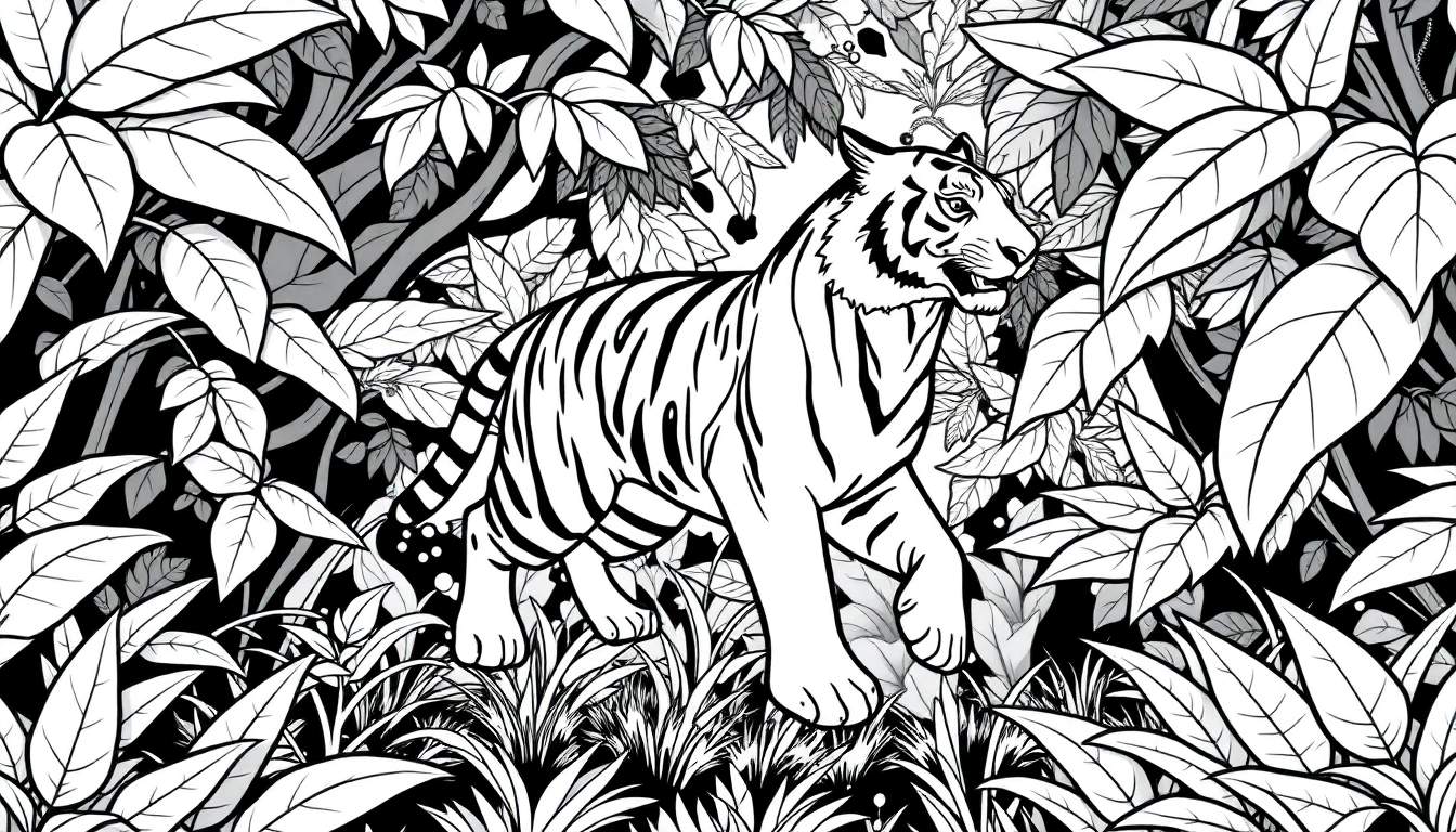 Um tigre em preto e branco em uma floresta densa com detalhes em color panel.