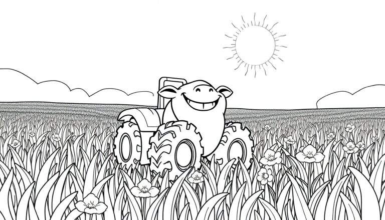 Um trator sorridente em um campo florido sob um sol radiante, pronto para colorir. Este é um color panel.