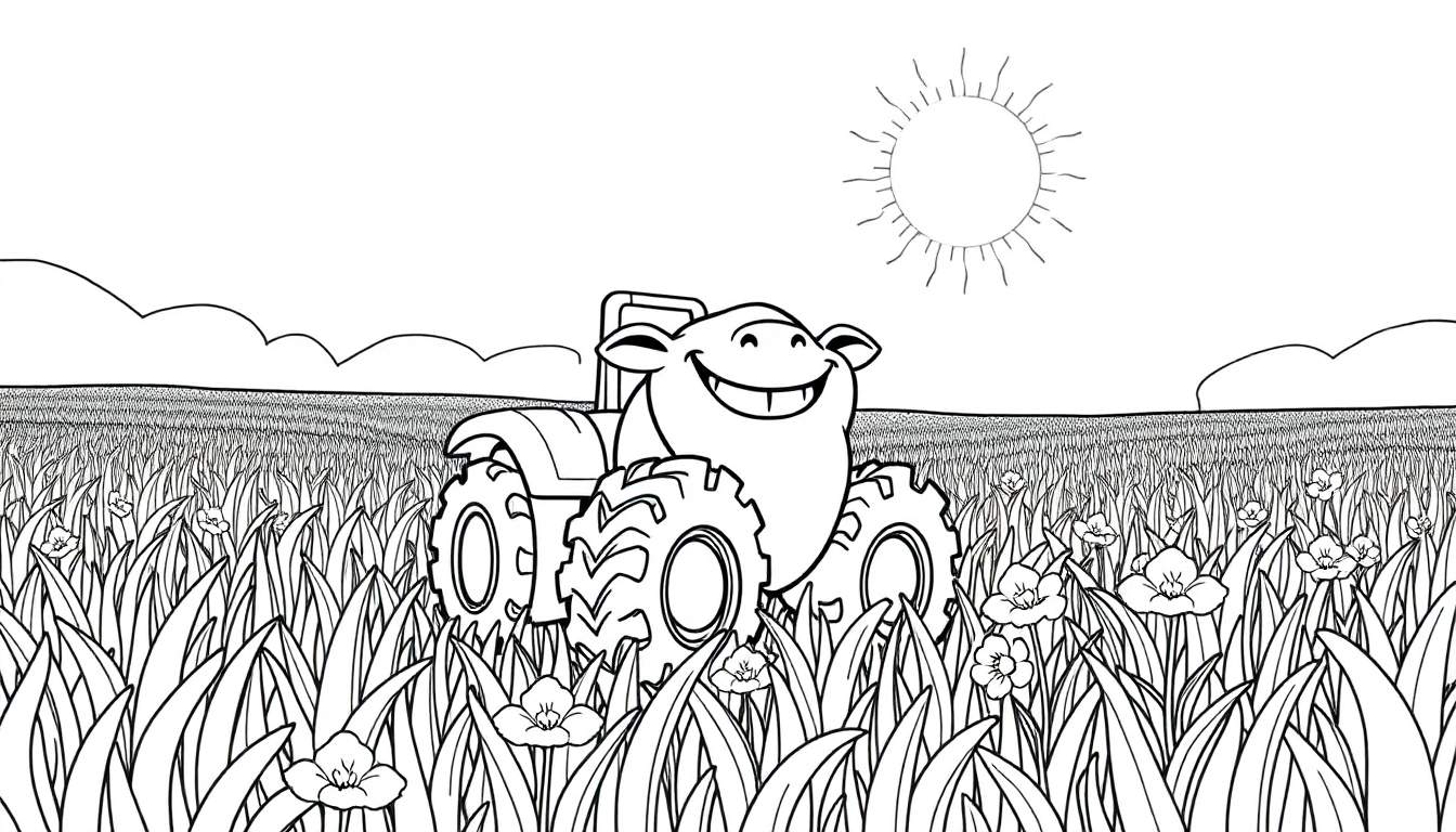 Um trator sorridente em um campo florido sob um sol radiante, pronto para colorir. Este é um color panel.