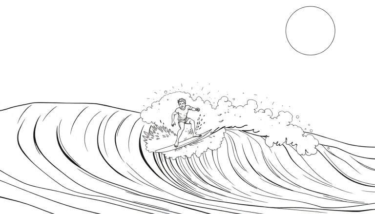 Um surfista sorridente sobre uma prancha em uma grande onda, com um sol circular no céu. Desenho simples em preto e branco.
