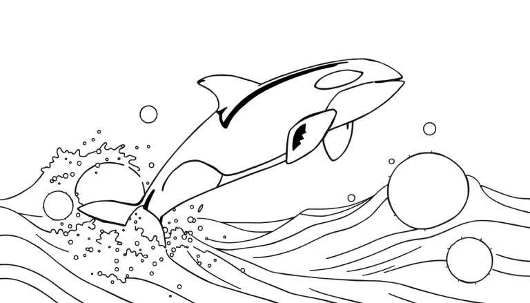 Desenho de uma orca a saltar da água, com respingos e bolhas, em estilo de livro para colorir.