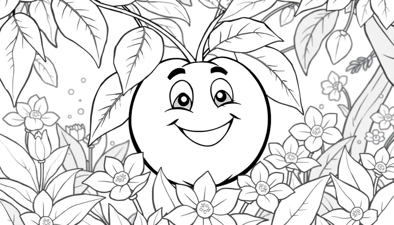 Uma fruta sorridente em uma paisagem colorida, pronta para ser colorida em um painel de colorir.