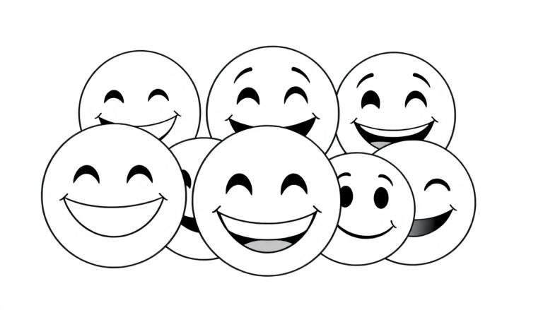 Um painel de cores com oito emojis sorridentes em preto e branco empilhados sobre um fundo branco.