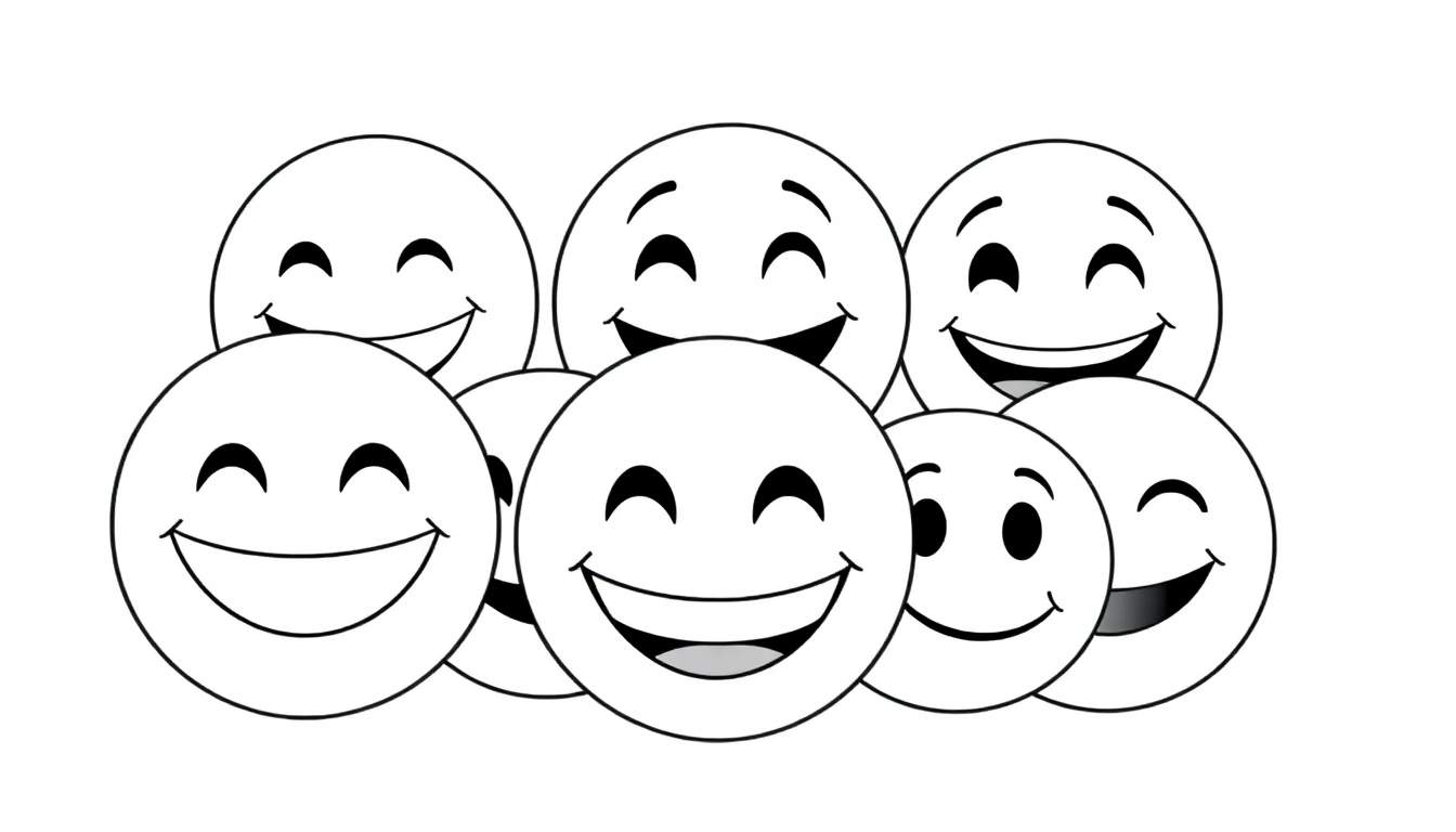Um painel de cores com oito emojis sorridentes em preto e branco empilhados sobre um fundo branco.