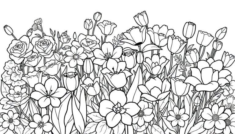 Um painel de colorir de um jardim de flores em preto e branco, com rosas, tulipas e margaridas.