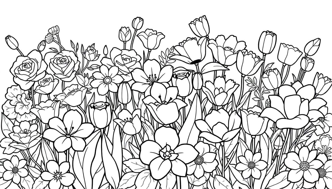 Um painel de colorir de um jardim de flores em preto e branco, com rosas, tulipas e margaridas.