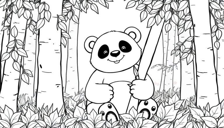 Um desenho de linha em preto e branco de um panda sorridente sentado em uma floresta, segurando bambu. Adequado para um color panel.