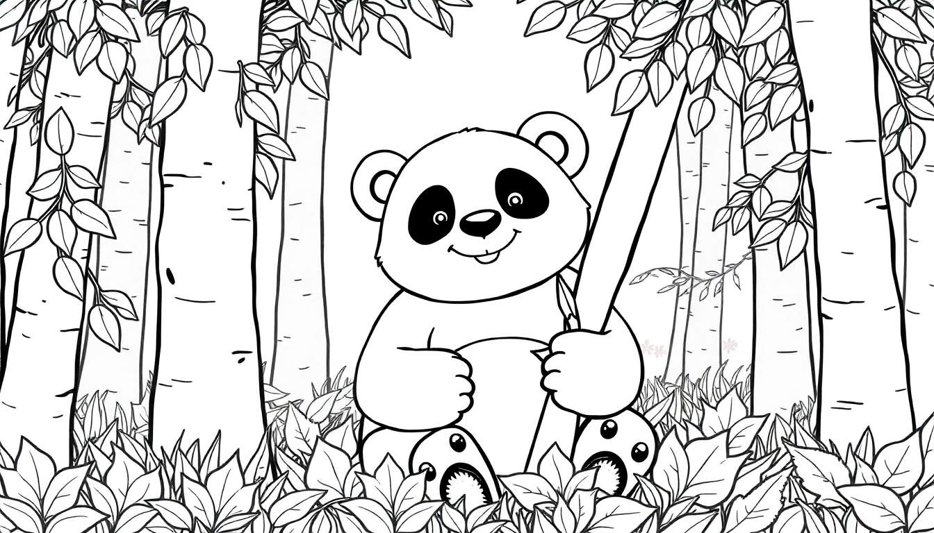 Um desenho de linha em preto e branco de um panda sorridente sentado em uma floresta, segurando bambu. Adequado para um color panel.