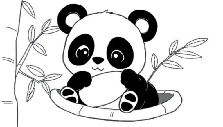 Um panda fofo sentado numa cesta de bambu, pronto para ser colorido em um color panel.