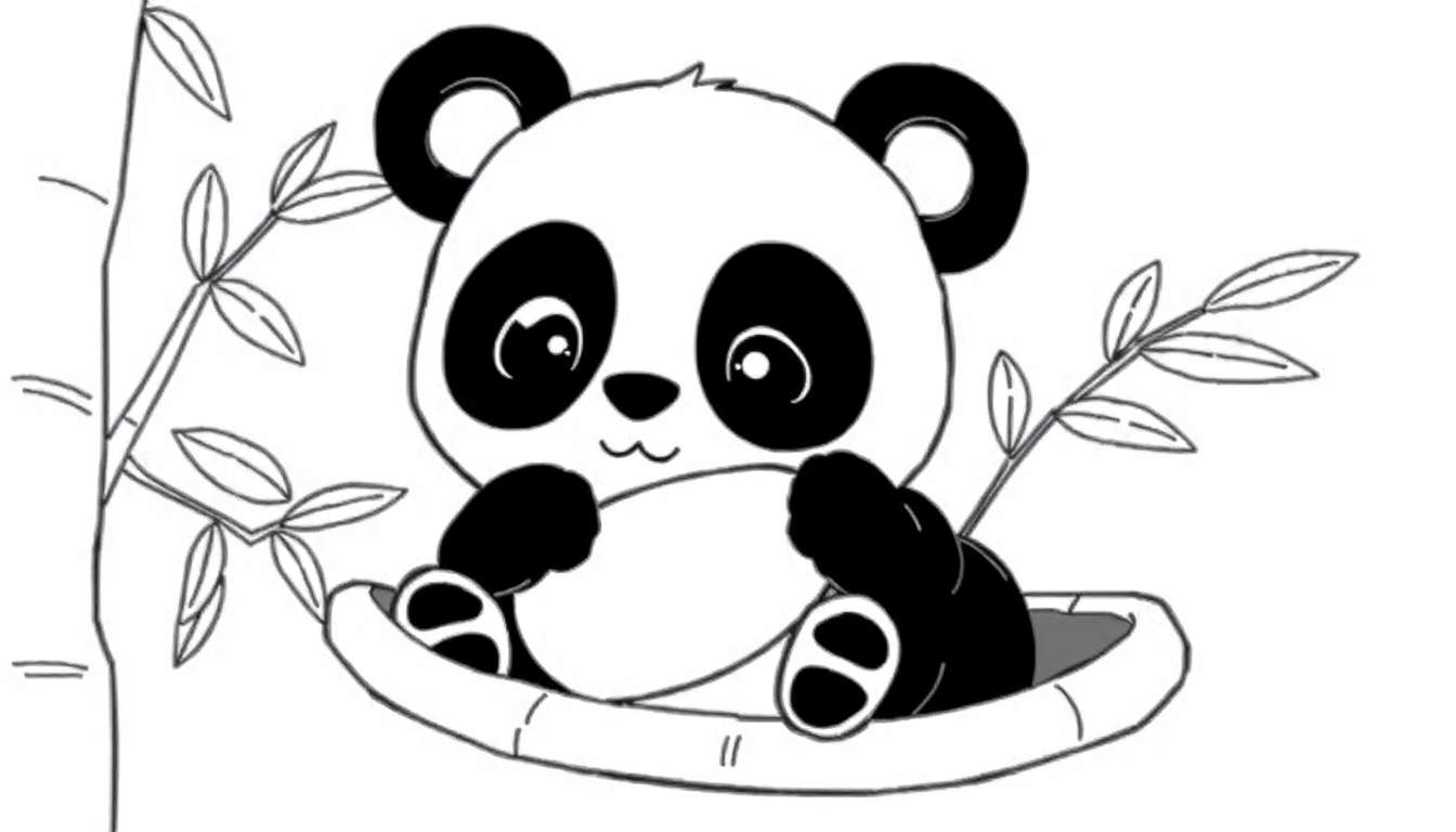 Um panda fofo sentado numa cesta de bambu, pronto para ser colorido em um color panel.