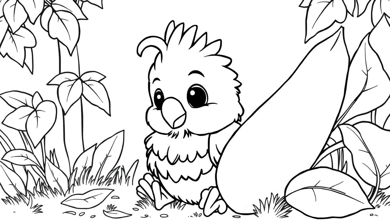 Desenho em preto e branco de um papagaio bebê adorável sentado na grama com vegetação exuberante ao redor, pronto para ser colorido com um color panel.