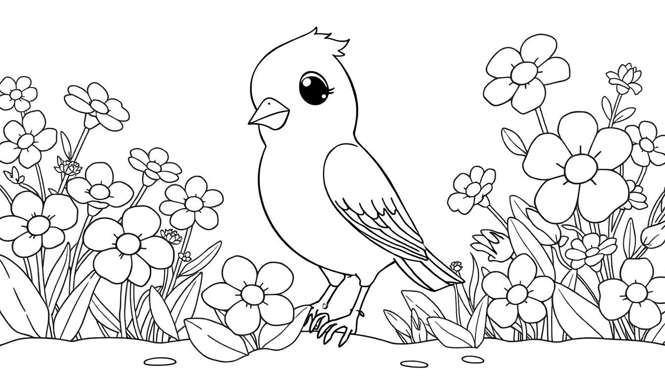 Um desenho linear em preto e branco de um passarinho em um jardim florido, pronto para colorir, parte de um color panel.