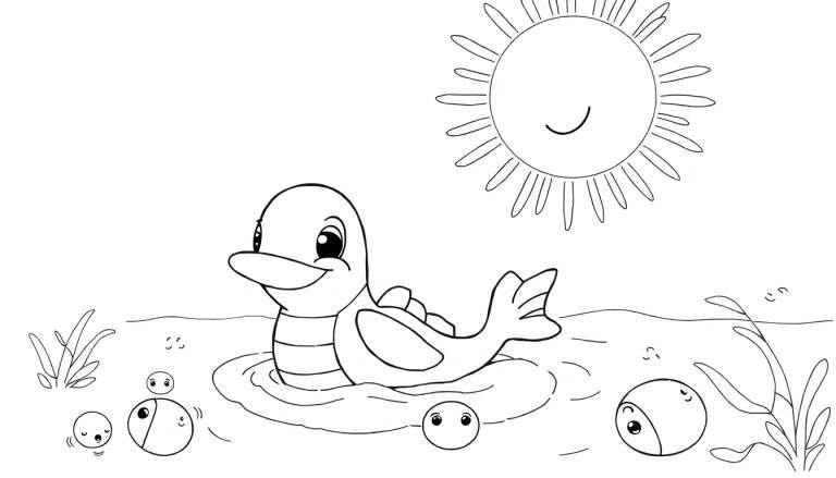 Um pato de desenho animado sorridente flutuando em uma lagoa com bolhas e um sol sorrindo. Desenho para colorir em preto e branco para crianças.