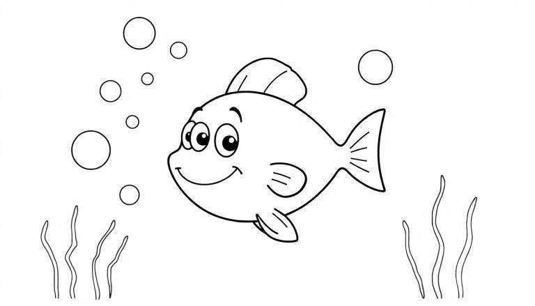 Um peixe de desenho animado sorridente nadando num color panel aquático com bolhas e algas.