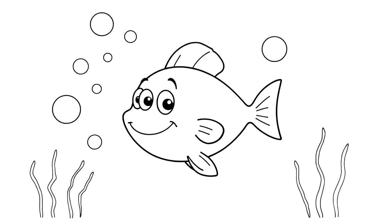 Um peixe de desenho animado sorridente nadando num color panel aquático com bolhas e algas.