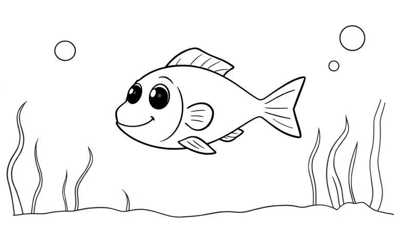 Um peixe sorridente em preto e branco, pronto para ser colorido, com bolhas e plantas marinhas ao redor.