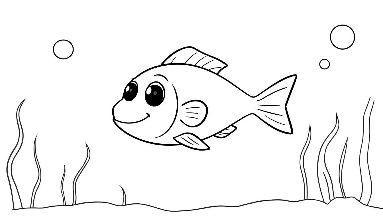 Um peixe sorridente em preto e branco, pronto para ser colorido, com bolhas e plantas marinhas ao redor.