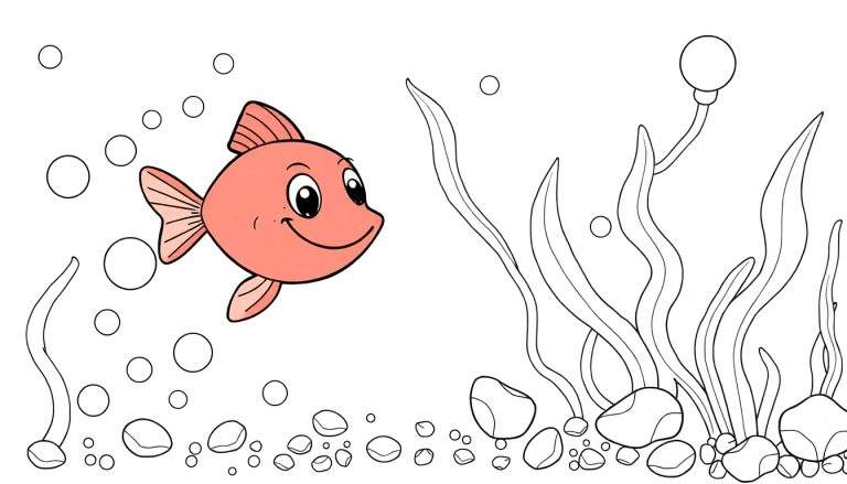 Um peixe rosa sorridente com grandes olhos pretos nadando entre bolhas de ar e algas marinhas em um fundo branco. Este color panel é vibrante e alegre.