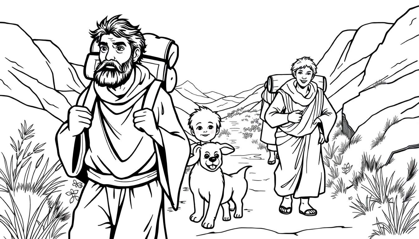 Um desenho em preto e branco de uma família caminhando em montanhas. Um homem barbudo lidera, seguido por uma criança abraçando um cachorro, e outro homem jovem atrás. Todos usam túnicas e mochilas. Borboletas voam perto da grama alta.