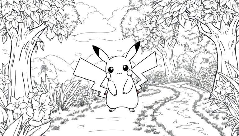 Desenho de Pikachu na floresta, pronto para colorir em um color panel.