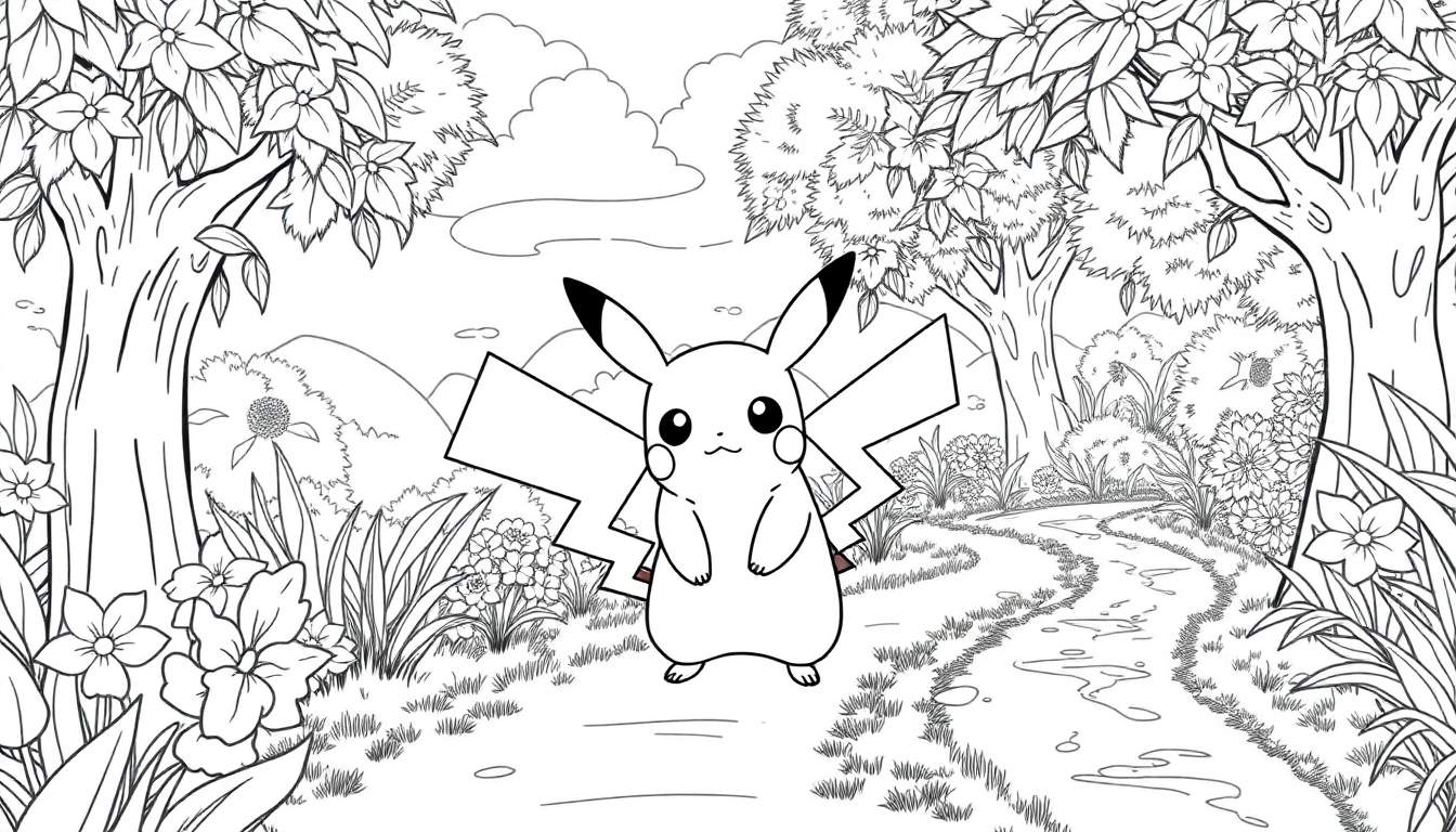 Desenho de Pikachu na floresta, pronto para colorir em um color panel.