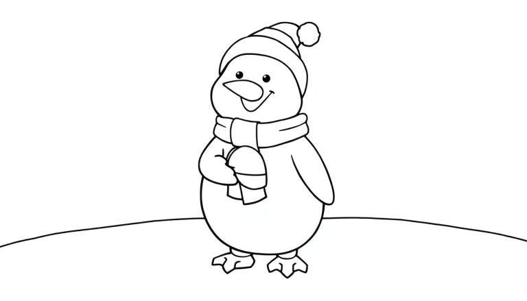 Um pinguim de desenho animado sorridente em preto e branco, vestindo chapéu listrado e cachecol, segurando uma luva, em pé sobre uma colina de neve. Um color panel para colorir.